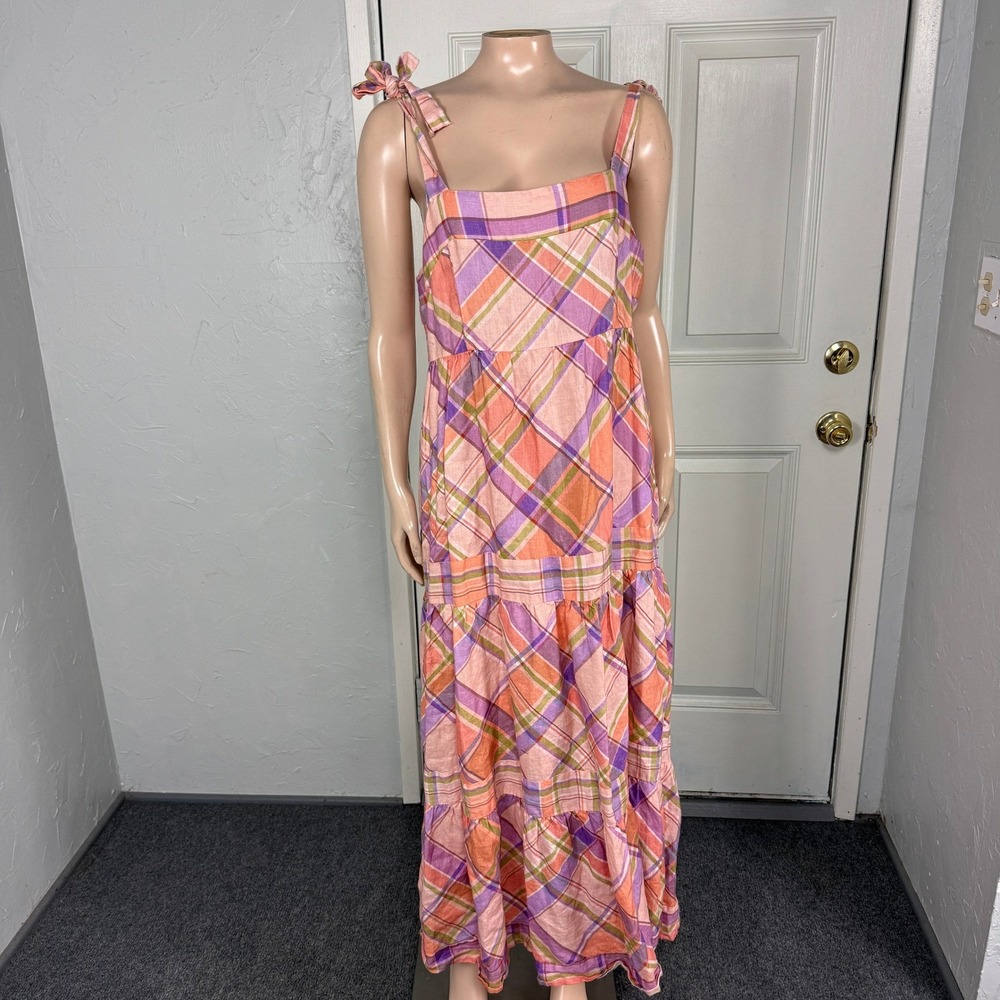 Anthropologie Kachel Dress Large Linen Elanor Plaid Maxi Tie Plaid Long D4-2